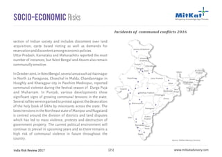 India Risk Review 2017 www.mitkatadvisory.com[25]
section of Indian society and includes discontent over land
acquisition; caste based rioting as well as demands for
reservationanddiscontentamongeconomicpolicies.
Uttar Pradesh, Karnataka and Maharashtra reported the most
number of instances; but West Bengal and Assam also remain
communallysensitive.
InOctober2016,inWestBengal,severalareassuchasHazinagar
in North 24 Paraganas, Chanchal in Malda, Chandannagar in
Hooghly and Kharagpur city in Paschim Medinipur, reported
communal violence during the festival season of Durga Puja
and Muharram. In Punjab, various developments show
significant signs of growing communal tensions in the state.
Severalrallieswereorganisedtoprotestagainstthedesecration
of the holy book of Sikhs by miscreants across the state. The
latesttensionsintheNortheaststateofManipurandNagaland
is centred around the division of districts and land disputes
which has led to mass violence, protests and destruction of
government property. The current political environment will
continue to prevail in upcoming years and so there remains a
high risk of communal violence in future throughout the
country.
Socio-Economic Risks
Andhra
Pradesh
Arunachal
Pradesh
Assam
Bihar
Chhattisgarh
Goa
Gujarat
Haryana
Himachal
Pradesh
Jammu & Kashmir
Jharkhand
Karnataka
Kerala
Madhya Pradesh
Maharashtra
Manipur
Meghalaya
Mizoram
Nagaland
Orissa
Punjab
Rajasthan
Sikkim
Tamil
Nadu
Tripura
Uttar Pradesh
Uttarakhand
West
Bengal
Delhi
Telangana
Source: MitKat Advisory Services
Incidents of communal conflicts 2016
 