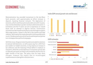 India Risk Review 2017 www.mitkatadvisory.com[37]
Demonetization has provided momentum to the Jan-Dhan
bank accounts, with approximately $3 billion increase in
deposits, boosting financial inclusion. The digitization of
economy,whichcouldhavepreviouslytakenaround8-10years,
maynowbeachievedataquickerrateduetodemonetization.E-
Commerce and the IT sector are set to experience an overall
boost with an attempt to digitize services. Construction
activitieshavedecreasedmainlyduetocashshortagetosupport
daily wage earners. Impact is also felt in the cement and steel
industry.Withnearlyfivestatesplannedtoholdassemblypolls
in2017,thedemonetizationdrivehasforcedthepoliticalparties
tore-strategizetheirpoliticalcampaigns.
Withthismove,thegovernmenthasdemonstrateditsintention
to execute bold decisions, as well as pave way for a shift from
pre-modern to modern economy. It may lead to an increase in
tax collection and the lowering of fiscal deficit in medium to
longterm,whilethecurrentdownturnineconomicactivitydue
toreducedcashlevelsarelikelytobelimitedforthefirstfourto
eight months of the year. The policy aims for long¬–term
changes; however the impact due to mismanaged
implementationisbeingfeltintheshortterm.
Economic Risks
0
1
2
3
4
5
6
7
8
9
Q1 (2016) Q2 (2016) Q3 (2016) Q4 (2016) Q1 (2017) Q2 (2017)
Actual Forecast
IndiaGDPannualgrowhrateandforecast
Source: MOSPI
Investment Demand
Private Consumption
Services
Industry
Agriculture
GVA at basic price
-2 0 2 4 6 8 10
GDPestimates
2016-2017 2015-2016 Source: CSO
 