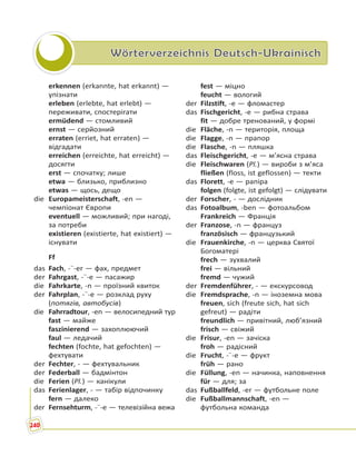 Wörterverzeichnis Deutsch-Ukrainisch
erkennen (erkannte, hat erkannt) —
упізнати
erleben (erlebte, hat erlebt) —
переживати, спостерігати
ermüdend — стомливий
ernst — серйозний
erraten (erriet, hat erraten) —
відгадати
erreichen (erreichte, hat erreicht) —
досягти
erst — спочатку; лише
etwa — близько, приблизно
etwas — щось, дещо
die Europameisterschaft, -en —
чемпіонат Європи
eventuell — можливий; при нагоді,
за потреби
existieren (existierte, hat existiert) —
існувати
Ff
das Fach, -¨-er — фах, предмет
der Fahrgast, -¨-e — пасажир
die Fahrkarte, -n — проїзний квиток
der Fahrplan, -¨-e — розклад руху
(потягів, автобусів)
die Fahrradtour, -en — велосипедний тур
fast — майже
faszinierend — захоплюючий
faul — ледачий
fechten (fochte, hat gefochten) —
фехтувати
der Fechter, - — фехтувальник
der Federball — бадмінтон
die Ferien (Pl.) — канікули
das Ferienlager, - — табір відпочинку
fern — далеко
der Fernsehturm, -¨-e — телевізійна вежа
fest — міцно
feucht — вологий
der Filzstift, -e — фломастер
das Fischgericht, -e — рибна страва
fit — добре тренований, у формі
die Fläche, -n — територія, площа
die Flagge, -n — прапор
die Flasche, -n — пляшка
das Fleischgericht, -e — м’ясна страва
die Fleischwaren (Pl.) — вироби з м’яса
fließen (floss, ist geflossen) — текти
das Florett, -e — рапіра
folgen (folgte, ist gefolgt) — слідувати
der Forscher, - — дослідник
das Fotoalbum, -ben — фотоальбом
Frankreich — Франція
der Franzose, -n — француз
französisch — французький
die Frauenkirche, -n — церква Святої
Богоматері
frech — зухвалий
frei — вільний
fremd — чужий
der Fremdenführer, - — екскурсовод
die Fremdsprache, -n — іноземна мова
freuen, sich (freute sich, hat sich
gefreut) — радіти
freundlich — привітний, люб’язний
frisch — свіжий
die Frisur, -en — зачіска
froh — радісний
die Frucht, -¨-e — фрукт
früh — рано
die Füllung, -en — начинка, наповнення
für — для; за
das Fußballfeld, -er — футбольне поле
die Fußballmannschaft, -en —
футбольна команда
240
 