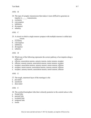 Test Bank 8-7
Elsevier items and derived items © 2011 by Saunders, an imprint of Elsevier Inc.
ANS: B
24. The type of synaptic transmission that makes it more difficult to generate an
impulse is _____ transmission.
a. excitatory
b. convergence
c. inhibitory
d. divergence
e. saltatory
ANS: C
25. A circuit in which a single neuron synapses with multiple neurons is called a(n)
_____ circuit.
a. excitatory
b. convergence
c. inhibitory
d. divergence
e. saltatory
ANS: D
26. Which one of the following represents the correct pathway of an impulse along a
reflex arc?
a. effector, association neuron, sensory neuron, motor neuron, receptor
b. effector, sensory neuron, association neuron, motor neuron, receptor
c. receptor, association neuron, sensory neuron, motor neuron, effector
d. receptor, motor neuron, association neuron, sensory neuron, effector
e. receptor, sensory neuron, association neuron, motor neuron, effector
ANS: E
27. The tough, outermost layer of the meninges is the
a. pia mater
b. arachnoid
c. dura mater
ANS: C
28. The cerebral hemisphere lobe that is directly posterior to the central sulcus is the
a. frontal lobe
b. parietal lobe
c. occipital lobe
d. temporal lobe
e. insula
 