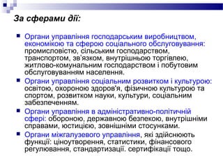 За сферами дії:
 Органи управління господарським виробництвом,
економікою та сферою соціального обслуговування:
промисловістю, сільським господарством,
транспортом, зв’язком, внутрішньою торгівлею,
житлово-комунальним господарством і побутовим
обслуговуванням населення.
 Органи управління соціальним розвитком і культурою:
освітою, охороною здоров'я, фізичною культурою та
спортом, розвитком науки, культури, соціальним
забезпеченням.
 Органи управління в адміністративно-політичній
сфері: обороною, державною безпекою, внутрішніми
справами, юстицією, зовнішніми стосунками.
 Органи міжгалузевого управління, які здійснюють
функції: ціноутворення, статистики, фінансового
регулювання, стандартизації. сертифікації тощо.
 