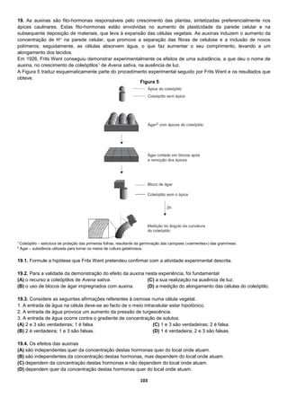 103
19. As auxinas são fito-hormonas responsáveis pelo crescimento das plantas, sintetizadas preferencialmente nos
ápices caulinares. Estas fito-hormonas estão envolvidas no aumento de plasticidade da parede celular e na
subsequente deposição de materiais, que leva à expansão das células vegetais. As auxinas induzem o aumento da
concentração de H+ na parede celular, que promove a separação das fibras de celulose e a inclusão de novos
polímeros; seguidamente, as células absorvem água, o que faz aumentar o seu comprimento, levando a um
alongamento dos tecidos.
Em 1926, Frits Went conseguiu demonstrar experimentalmente os efeitos de uma substância, a que deu o nome de
auxina, no crescimento de coleóptilos1 de Avena sativa, na ausência de luz.
A Figura 5 traduz esquematicamente parte do procedimento experimental seguido por Frits Went e os resultados que
obteve.
1
Coleóptilo – estrutura de proteção das primeiras folhas, resultante da germinação das cariopses («sementes») das gramíneas.
2
Ágar – substância utilizada para tornar os meios de cultura gelatinosos.
19.1. Formule a hipótese que Frits Went pretendeu confirmar com a atividade experimental descrita.
19.2. Para a validade da demonstração do efeito da auxina nesta experiência, foi fundamental
(A) o recurso a coleóptilos de Avena sativa.
(B) o uso de blocos de ágar impregnados com auxina.
(C) a sua realização na ausência de luz.
(D) a medição do alongamento das células do coleóptilo.
19.3. Considere as seguintes afirmações referentes à osmose numa célula vegetal.
1. A entrada de água na célula deve-se ao facto de o meio intracelular estar hipotónico.
2. A entrada de água provoca um aumento da pressão de turgescência.
3. A entrada de água ocorre contra o gradiente de concentração de solutos.
(A) 2 e 3 são verdadeiras; 1 é falsa.
(B) 2 é verdadeira; 1 e 3 são falsas.
(C) 1 e 3 são verdadeiras; 2 é falsa.
(D) 1 é verdadeira; 2 e 3 são falsas.
19.4. Os efeitos das auxinas
(A) são independentes quer da concentração destas hormonas quer do local onde atuam.
(B) são independentes da concentração destas hormonas, mas dependem do local onde atuam.
(C) dependem da concentração destas hormonas e não dependem do local onde atuam.
(D) dependem quer da concentração destas hormonas quer do local onde atuam.
Figura 5
 