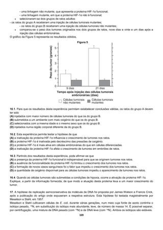 109
- uma linhagem não mutante, que apresenta a proteína HIF-1α funcional;
- uma linhagem mutante, em que a proteína HIF-1α não é funcional;
 selecionaram-se dois grupos de ratos adultos:
- os ratos do grupo A receberam uma injeção de células tumorais mutantes;
- os ratos do grupo B receberam uma injeção de células tumorais não mutantes;
 comparou-se o peso dos tumores originados nos dois grupos de ratos, nove dias e vinte e um dias após a
injeção das células embrionárias.
O gráfico da Figura 5 representa os resultados obtidos.
16.1. Para que os resultados desta experiência permitam estabelecer conclusões válidas, os ratos do grupo A devem
ter sido
(A) injetados com maior número de células tumorais do que os do grupo B.
(B) submetidos a um ambiente com mais oxigénio do que os do grupo B.
(C) selecionados com a mesma idade e o mesmo sexo que os do grupo B.
(D) injetados numa região corporal diferente da do grupo B.
16.2. Esta experiência permite testar a hipótese de que
(A) a inativação da proteína HIF-1α influencia o crescimento de tumores nos ratos.
(B) a proteína HIF-1α é inativada pelo decréscimo das pressões de oxigénio.
(C) a proteína HIF-1α é mais ativa em células embrionárias do que em células diferenciadas.
(D) a inativação da proteína HIF-1α afeta o crescimento de tumores em embriões de ratos.
16.3. Partindo dos resultados desta experiência, pode afirmar-se que
(A) a presença da proteína HIF-1α funcional é indispensável para que se originem tumores nos ratos.
(B) a ausência de funcionalidade da proteína HIF-1α limitou o crescimento dos tumores nos ratos.
(C) a formação de novos vasos sanguíneos foi o fator que impediu o crescimento dos tumores nos ratos.
(D) a quantidade de oxigénio disponível para as células tumorais impediu o aparecimento de tumores nos ratos.
16.4. Quando as células tumorais são submetidas a condições de hipoxia, ocorre a ativação da proteína HIF-1α.
Explique, a partir da informação fornecida, de que modo a atuação desta proteína leva a um maior crescimento do
tumor.
17. A hipótese da replicação semiconservativa da molécula de DNA foi proposta por James Watson e Francis Crick,
após a publicação do artigo onde expuseram a respetiva estrutura. Esta hipótese foi testada magistralmente por
Meselson e Stahl, em 1957.
Meselson e Stahl cultivaram células de E. coli, durante várias gerações, num meio cuja fonte de azoto continha o
isótopo pesado, 15N, em substituição do isótopo mais abundante, leve, de número de massa 14. É possível separar,
por centrifugação, uma mistura de DNA pesado (com 15N) e de DNA leve (com 14N). Ambos os isótopos são estáveis.
Figura 5
 