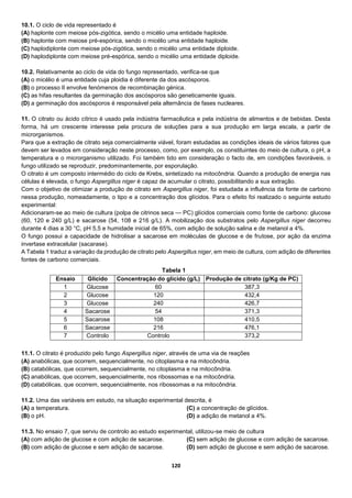 120
10.1. O ciclo de vida representado é
(A) haplonte com meiose pós-zigótica, sendo o micélio uma entidade haploide.
(B) haplonte com meiose pré-espórica, sendo o micélio uma entidade haploide.
(C) haplodiplonte com meiose pós-zigótica, sendo o micélio uma entidade diploide.
(D) haplodiplonte com meiose pré-espórica, sendo o micélio uma entidade diploide.
10.2. Relativamente ao ciclo de vida do fungo representado, verifica-se que
(A) o micélio é uma entidade cuja ploidia é diferente da dos ascósporos.
(B) o processo II envolve fenómenos de recombinação génica.
(C) as hifas resultantes da germinação dos ascósporos são geneticamente iguais.
(D) a germinação dos ascósporos é responsável pela alternância de fases nucleares.
11. O citrato ou ácido cítrico é usado pela indústria farmacêutica e pela indústria de alimentos e de bebidas. Desta
forma, há um crescente interesse pela procura de soluções para a sua produção em larga escala, a partir de
microrganismos.
Para que a extração de citrato seja comercialmente viável, foram estudadas as condições ideais de vários fatores que
devem ser levados em consideração neste processo, como, por exemplo, os constituintes do meio de cultura, o pH, a
temperatura e o microrganismo utilizado. Foi também tido em consideração o facto de, em condições favoráveis, o
fungo utilizado se reproduzir, predominantemente, por esporulação.
O citrato é um composto intermédio do ciclo de Krebs, sintetizado na mitocôndria. Quando a produção de energia nas
células é elevada, o fungo Aspergillus niger é capaz de acumular o citrato, possibilitando a sua extração.
Com o objetivo de otimizar a produção de citrato em Aspergillus niger, foi estudada a influência da fonte de carbono
nessa produção, nomeadamente, o tipo e a concentração dos glícidos. Para o efeito foi realizado o seguinte estudo
experimental:
Adicionaram-se ao meio de cultura (polpa de citrinos seca — PC) glícidos comerciais como fonte de carbono: glucose
(60, 120 e 240 g/L) e sacarose (54, 108 e 216 g/L). A mobilização dos substratos pelo Aspergillus niger decorreu
durante 4 dias a 30 °C, pH 5,5 e humidade inicial de 65%, com adição de solução salina e de metanol a 4%.
O fungo possui a capacidade de hidrolisar a sacarose em moléculas de glucose e de frutose, por ação da enzima
invertase extracelular (sacarase).
A Tabela 1 traduz a variação da produção de citrato pelo Aspergillus niger, em meio de cultura, com adição de diferentes
fontes de carbono comerciais.
11.1. O citrato é produzido pelo fungo Aspergillus niger, através de uma via de reações
(A) anabólicas, que ocorrem, sequencialmente, no citoplasma e na mitocôndria.
(B) catabólicas, que ocorrem, sequencialmente, no citoplasma e na mitocôndria.
(C) anabólicas, que ocorrem, sequencialmente, nos ribossomas e na mitocôndria.
(D) catabólicas, que ocorrem, sequencialmente, nos ribossomas e na mitocôndria.
11.2. Uma das variáveis em estudo, na situação experimental descrita, é
(A) a temperatura.
(B) o pH.
(C) a concentração de glícidos.
(D) a adição de metanol a 4%.
11.3. No ensaio 7, que serviu de controlo ao estudo experimental, utilizou-se meio de cultura
(A) com adição de glucose e com adição de sacarose.
(B) com adição de glucose e sem adição de sacarose.
(C) sem adição de glucose e com adição de sacarose.
(D) sem adição de glucose e sem adição de sacarose.
Ensaio Glícido Concentração do glícido (g/L) Produção de citrato (g/Kg de PC)
1 Glucose 60 387,3
2 Glucose 120 432,4
3 Glucose 240 426,7
4 Sacarose 54 371,3
5 Sacarose 108 410,5
6 Sacarose 216 476,1
7 Controlo Controlo 373,2
Tabela 1
 