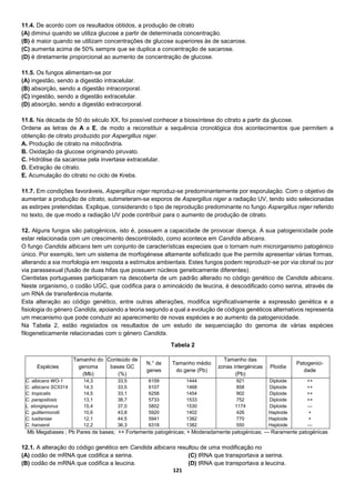 121
11.4. De acordo com os resultados obtidos, a produção de citrato
(A) diminui quando se utiliza glucose a partir de determinada concentração.
(B) é maior quando se utilizam concentrações de glucose superiores às de sacarose.
(C) aumenta acima de 50% sempre que se duplica a concentração de sacarose.
(D) é diretamente proporcional ao aumento de concentração de glucose.
11.5. Os fungos alimentam-se por
(A) ingestão, sendo a digestão intracelular.
(B) absorção, sendo a digestão intracorporal.
(C) ingestão, sendo a digestão extracelular.
(D) absorção, sendo a digestão extracorporal.
11.6. Na década de 50 do século XX, foi possível conhecer a biossíntese do citrato a partir da glucose.
Ordene as letras de A a E, de modo a reconstituir a sequência cronológica dos acontecimentos que permitem a
obtenção de citrato produzido por Aspergillus niger.
A. Produção de citrato na mitocôndria.
B. Oxidação da glucose originando piruvato.
C. Hidrólise da sacarose pela invertase extracelular.
D. Extração de citrato.
E. Acumulação do citrato no ciclo de Krebs.
11.7. Em condições favoráveis, Aspergillus niger reproduz-se predominantemente por esporulação. Com o objetivo de
aumentar a produção de citrato, submeteram-se esporos de Aspergillus niger a radiação UV, tendo sido selecionadas
as estirpes pretendidas. Explique, considerando o tipo de reprodução predominante no fungo Aspergillus niger referido
no texto, de que modo a radiação UV pode contribuir para o aumento de produção de citrato.
12. Alguns fungos são patogénicos, isto é, possuem a capacidade de provocar doença. A sua patogenicidade pode
estar relacionada com um crescimento descontrolado, como acontece em Candida albicans.
O fungo Candida albicans tem um conjunto de características especiais que o tornam num microrganismo patogénico
único. Por exemplo, tem um sistema de morfogénese altamente sofisticado que lhe permite apresentar várias formas,
alterando a sia morfologia em resposta a estímulos ambientais. Estes fungos podem reproduzir-se por via clonal ou por
via parassexual (fusão de duas hifas que possuem núcleos geneticamente diferentes).
Cientistas portugueses participaram na descoberta de um padrão alterado no código genético de Candida albicans.
Neste organismo, o codão UGC, que codifica para o aminoácido de leucina, é descodificado como serina, através de
um RNA de transferência mutante.
Esta alteração ao código genético, entre outras alterações, modifica significativamente a expressão genética e a
fisiologia do género Candida, apoiando a teoria segundo a qual a evolução de códigos genéticos alternativos representa
um mecanismo que pode conduzir ao aparecimento de novas espécies e ao aumento da patogenicidade.
Na Tabela 2, estão registados os resultados de um estudo de sequenciação do genoma de várias espécies
filogeneticamente relacionadas com o género Candida.
Espécies
Tamanho do
genoma
(Mb)
Conteúdo de
bases GC
(%)
N.° de
genes
Tamanho médio
do gene (Pb)
Tamanho das
zonas intergénicas
(Pb)
Ploidia
Patogenici-
dade
C. albicans WO-1
C. albicans SC5314
C. tropicalis
C. parapsilosis
L. elongisporus
C. guilliermondii
C. lusitaniae
C. hansenii
14,3
14,3
14,5
13,1
15,4
10,6
12,1
12,2
33,5
33,5
33,1
38,7
37,0
43,8
44,5
36,3
6159
6107
6258
5733
5802
5920
5941
6318
1444
1468
1454
1533
1530
1402
1382
1382
921
858
902
752
1174
426
770
550
Diploide
Diploide
Diploide
Diploide
Diploide
Haploide
Haploide
Haploide
++
++
++
++
—
+
+
—
Mb Megabases ; Pb Pares de bases; ++ Fortemente patogénicas; + Moderadamente patogénicas; — Raramente patogénicas
12.1. A alteração do código genético em Candida albicans resultou de uma modificação no
(A) codão de mRNA que codifica a serina.
(B) codão de mRNA que codifica a leucina.
(C) tRNA que transportava a serina.
(D) tRNA que transportava a leucina.
Tabela 2
 