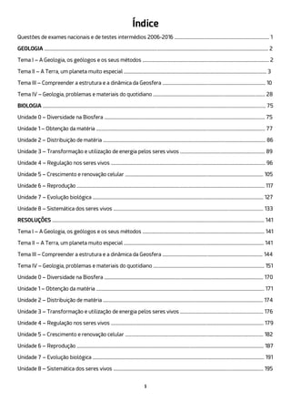 1
Índice
Questões de exames nacionais e de testes intermédios 2006-2016 ......................................................................................................... 1
GEOLOGIA ........................................................................................................................................................................................................................................................ 2
Tema I – A Geologia, os geólogos e os seus métodos ............................................................................................................................................ 2
Tema II – A Terra, um planeta muito especial .............................................................................................................................................................. 3
Tema III – Compreender a estrutura e a dinâmica da Geosfera .................................................................................................................. 10
Tema IV – Geologia, problemas e materiais do quotidiano ............................................................................................................................ 28
BIOLOGIA ....................................................................................................................................................................................................................................................... 75
Unidade 0 – Diversidade na Biosfera .................................................................................................................................................................................. 75
Unidade 1 – Obtenção da matéria ........................................................................................................................................................................................... 77
Unidade 2 – Distribuição de matéria .................................................................................................................................................................................... 86
Unidade 3 – Transformação e utilização de energia pelos seres vivos .............................................................................................. 89
Unidade 4 – Regulação nos seres vivos ........................................................................................................................................................................... 96
Unidade 5 – Crescimento e renovação celular ......................................................................................................................................................... 105
Unidade 6 – Reprodução ................................................................................................................................................................................................................ 117
Unidade 7 – Evolução biológica ............................................................................................................................................................................................. 127
Unidade 8 – Sistemática dos seres vivos ...................................................................................................................................................................... 133
RESOLUÇÕES ........................................................................................................................................................................................................................................... 141
Tema I – A Geologia, os geólogos e os seus métodos ....................................................................................................................................... 141
Tema II – A Terra, um planeta muito especial ........................................................................................................................................................... 141
Tema III – Compreender a estrutura e a dinâmica da Geosfera ............................................................................................................... 144
Tema IV – Geologia, problemas e materiais do quotidiano ........................................................................................................................... 151
Unidade 0 – Diversidade na Biosfera ................................................................................................................................................................................ 170
Unidade 1 – Obtenção da matéria .......................................................................................................................................................................................... 171
Unidade 2 – Distribuição de matéria ................................................................................................................................................................................. 174
Unidade 3 – Transformação e utilização de energia pelos seres vivos ............................................................................................ 176
Unidade 4 – Regulação nos seres vivos ......................................................................................................................................................................... 179
Unidade 5 – Crescimento e renovação celular ......................................................................................................................................................... 182
Unidade 6 – Reprodução ............................................................................................................................................................................................................... 187
Unidade 7 – Evolução biológica .............................................................................................................................................................................................. 191
Unidade 8 – Sistemática dos seres vivos ...................................................................................................................................................................... 195
 