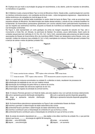 35
31. Explique de que modo a acumulação da ganga em escombreiras, a céu aberto, pode ter impactes na atmosfera,
na hidrosfera e na geosfera.
32. O Atlântico invadiu a bacia do Baixo Tejo no início do Miocénico inferior. Desde então, a sedimentação tem ocorrido
na interface continente-oceano, com oscilações da linha de costa – ciclos transgressivo-regressivos – dependentes de
efeitos tectónicos e de variações do nível da água do mar.
Lisboa e a península de Setúbal estão localizadas no sector distal da bacia do Baixo Tejo, onde se encontram bem
expostos estratos do Miocénico. Na determinação das idades desses estratos, o estudo do seu conteúdo fossilífero foi
fundamental. Os foraminíferos (protozoários geralmente com concha calcária) foram particularmente importantes no
que diz respeito aos sedimentos marinhos, enquanto os fósseis de mamíferos se revelaram importantes marcadores
nas formações continentais.
Na Figura 5, está representado um corte geológico da arriba da margem esquerda do estuário do Tejo, sob o
monumento a Cristo Rei, em Almada, na península de Setúbal. Os estratos, pouco deformados, fazem parte de
unidades sequenciais bem definidas (II, III, IVa, IVb, Va1, Va2 e Va3), caracterizadas pela presença de determinadas
associações de fósseis de foraminíferos (N) e de mamíferos (MN3). Podem ser destacados outros fósseis, como, por
exemplo, moldes de moluscos (nas unidades III, Va1 e Va3), exemplares do molusco Pereiraia gervaisi (unidade IVa)
e bancos de ostras e restos de plantas (unidade IVb).
32.1. Os fósseis de moluscos encontrados na unidade III, e referidos no texto, resultaram de processos de
(A) substituição da totalidade do ser vivo por matéria mineral.
(B) reprodução da morfologia da parte interna ou externa da concha.
(C) conservação completa das estruturas orgânicas do ser vivo.
(D) preservação de registos da atividade do animal marinho.
32.2. O molusco Pereiraia gervaisi é um fóssil de idade, pois esta espécie viveu num período de tempo relativamente
(A) curto e apresenta grande distribuição estratigráfica.
(B) longo e apresenta reduzida distribuição
estratigráfica.
(C) curto e apresenta grande dispersão geográfica.
(D) longo e apresenta reduzida dispersão geográfica.
32.3. Os foraminíferos planctónicos representados na Figura 5 são considerados fósseis de fácies
(A) marinha e permitem a determinação da idade radiométrica das rochas.
(B) continental fluvial e permitem a determinação da idade radiométrica das rochas.
(C) marinha e contribuem para a interpretação do ambiente em que se formou a rocha.
(D) continental fluvial e contribuem para a interpretação do ambiente em que se formou a rocha.
32.4. As areias de estuário depositaram-se _______ das argilas e dos siltes marinhos da unidade IVa, o que permite
deduzir que houve _______ da energia do agente de transporte.
(A) antes … uma diminuição
(B) depois … uma diminuição
(C) antes … um aumento
(D) depois … um aumento
Figura 5
 