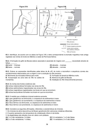 70
63.1. Identifique, de acordo com os dados da Figura 31B, a letra correspondente à anomalia magnética mais antiga
registada nas rochas do fundo do Atlântico a oeste da Península Ibérica.
63.2. A formação do golfo da Biscaia esteve associada à ascensão de magma com _______ viscosidade através de
falhas _______.
(A) baixa ... inversas
(B) baixa ... normais
(C) elevada ... inversas
(D) elevada ... normais
63.3. Ordene as expressões identificadas pelas letras de A a E, de modo a reconstituir a sequência correta dos
acontecimentos relacionados com a origem e com a evolução do rifte pirenaico.
A. Movimento da microplaca Ibérica para norte.
B. Incorporação da zona este do rifte na cadeia de
montanhas.
C. Formação da dorsal do Atlântico norte.
D. Abertura do golfo da Biscaia.
E. Instalação do rifte intracontinental pirenaico.
63.4. As rochas dos fundos oceânicos são
(A) rochas melanocráticas formadas nas zonas de rifte.
(B) rochas sedimentares magnetizadas nas zonas de rifte.
(C) rochas magmáticas magnetizadas nos locais em que se encontram.
(D) rochas leucocráticas formadas nos locais em que se encontram.
63.5. À medida que a distância à dorsal oceânica aumenta,
(A) o grau geotérmico vai diminuindo, e a espessura de sedimentos é maior.
(B) o grau geotérmico vai aumentando, e a espessura de sedimentos é menor.
(C) o fluxo térmico vai diminuindo, e a espessura de sedimentos é maior.
(D) o fluxo térmico vai aumentando, e a espessura de sedimentos é menor.
63.6. Considere as seguintes afirmações, referentes a características de minerais.
1. Os minerais da série descontínua de Bowen geralmente têm estruturas cristalinas diferentes.
2. O quartzo apresenta uma temperatura de cristalização inferior à da biotite.
3. As plagióclases são silicatos ricos em cálcio e em potássio.
(A) 1 e 2 são verdadeiras; 3 é falsa.
(B) 2 e 3 são verdadeiras; 1 é falsa.
(C) 3 é verdadeira; 1 e 2 são falsas.
(D) 1 é verdadeira; 2 e 3 são falsas.
Figura 31A Figura 31B
 