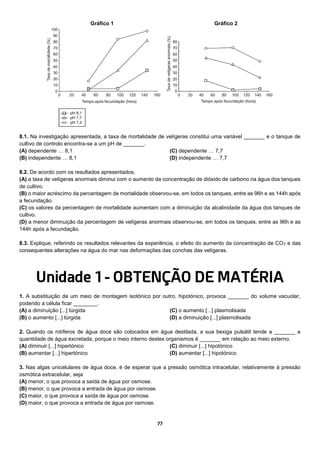 77
8.1. Na investigação apresentada, a taxa de mortalidade de velígeras constitui uma variável _______ e o tanque de
cultivo de controlo encontra-se a um pH de _______.
(A) dependente … 8,1
(B) independente … 8,1
(C) dependente … 7,7
(D) independente … 7,7
8.2. De acordo com os resultados apresentados,
(A) a taxa de velígeras anormais diminui com o aumento da concentração de dióxido de carbono na água dos tanques
de cultivo.
(B) o maior acréscimo da percentagem de mortalidade observou-se, em todos os tanques, entre as 96h e as 144h após
a fecundação.
(C) os valores da percentagem de mortalidade aumentam com a diminuição da alcalinidade da água dos tanques de
cultivo.
(D) a menor diminuição da percentagem de velígeras anormais observou-se, em todos os tanques, entre as 96h e as
144h após a fecundação.
8.3. Explique, referindo os resultados relevantes da experiência, o efeito do aumento da concentração de CO2 e das
consequentes alterações na água do mar nas deformações das conchas das velígeras.
Unidade 1 - OBTENÇÃO DE MATÉRIA
1. A substituição de um meio de montagem isotónico por outro, hipotónico, provoca _______ do volume vacuolar,
podendo a célula ficar ________.
(A) a diminuição [...] túrgida
(B) o aumento [...] túrgida
(C) o aumento [...] plasmolisada
(D) a diminuição [...] plasmolisada
2. Quando os rotíferos de água doce são colocados em água destilada, a sua bexiga pulsátil tende a _______ a
quantidade de água excretada, porque o meio interno destes organismos é _______ em relação ao meio externo.
(A) diminuir [...] hipertónico
(B) aumentar [...] hipertónico
(C) diminuir [...] hipotónico
(D) aumentar [...] hipotónico
3. Nas algas unicelulares de água doce, é de esperar que a pressão osmótica intracelular, relativamente à pressão
osmótica extracelular, seja
(A) menor, o que provoca a saída de água por osmose.
(B) menor, o que provoca a entrada de água por osmose.
(C) maior, o que provoca a saída de água por osmose.
(D) maior, o que provoca a entrada de água por osmose.
Gráfico 1 Gráfico 2
 