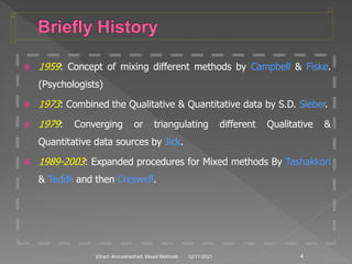  1959: Concept of mixing different methods by Campbell & Fiske.
(Psychologists)
 1973: Combined the Qualitative & Quantitative data by S.D. Sieber.
 1979: Converging or triangulating different Qualitative &
Quantitative data sources by Jick.
 1989-2003: Expanded procedures for Mixed methods By Tashakkori
& Teddli and then Creswell.
12/11/2021 4
Elham Ahmadnezhad. Mixed Methods
 