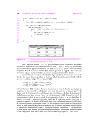 908 CONNECTIVITÉ AUX BASES DE DONNÉES JAVA (JDBC) CHAPITRE 18
142 public static void main( String args[] )
143 {
144 final AfficherTable application = new AfficherTable();
145
146 application.addWindowListener(
147 new WindowAdapter() {
148 public void windowClosing( WindowEvent e )
149 {
150 application.terminer();
151 System.exit( 0 );
152 }
153 }
154 );
155 }
156 }
Figure 18.24 Connexion à une base de données, requête sur cette base de données
et affichage des résultats. (4 de 4)
La ligne 4 importe le package java.sql qui contient les classes et les interfaces dédiées à la
manipulation des bases de données relationnelles dans Java. La ligne 11 déclare une référence à la
classe Connection appelée connexion. Un objet Connection gère la connexion entre le
programme Java et la base de données. Elle procure également le support à l’exécution des
instructions SQL qui manipulent la base de données, ainsi qu’au traitement des données.
Le constructeur de la classe AfficherTable (ligne 14) cherche à se connecter à la base de
données. S’il réussit, il interroge la base de données et affiche les résultats en appelant la méthode
getTable (définie à la ligne 47). Les lignes 19 à 21
String url = "jdbc:odbc:Livres";
String nomUtilisateur = "anonyme";
String motDePasse = "invité";
précisent l’adresse URL (Uniform Resource Locator) de la base de données qui indique au
programme où il va trouver la base de données (sans doute dans un réseau ou dans un répertoire du
disque local de l’ordinateur), le nomUtilisateur qui ouvre l’accès à la base de données et le
motDePasse qui sert aussi à ouvrir l’accès à la base de données. L’URL désigne le protocole de
communication (jdbc), le sous-protocole de communication (odbc) et le nom de la base de
données (Livres). Le sous-protocole odbc signale que le programme utilisera jdbc pour se
connecter à une source de données ODBC de Microsoft (nous expliquons à la section 18.6.1 la façon
de configurer la source de données). ODBC est une technologie développée par Microsoft qui
permet un accès généralisé à différents systèmes de base de données sur la plate-forme Windows
(et sur certaines plates-formes UNIX). Le Kit de développement logiciel Java 2 (J2SDK) contient
un pilote pont de JDBC à ODBC qui permet à un programme Java d’accéder à une source de données
ODBC. Ce pilote est défini par la classe JdbcOdbcDriver du package sun.jdbc.odbc.
 