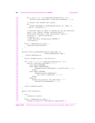 916 CONNECTIVITÉ AUX BASES DE DONNÉES JAVA (JDBC) CHAPITRE 18
120 for ( int i = 1; i <= rsmd.getColumnCount(); ++i )
121 enTeteColonne.addElement( rsmd.getColumnName( i ) );
122
123 // obtenir les données des lignes.
124 do {
125 rangee.addElement( getRangeeSuivante( rs, rsmd ) );
126 } while ( rs.next() );
127
128 // Afficher dans la table le contenu du jeu de résultats.
129 table = new JTable( rangee, enTeteColonne );
130 JScrollPane defileur = new JScrollPane( table );
131 Container c = getContentPane();
132 c.remove( 1 );
133 c.add( defileur, BorderLayout.CENTER );
134 c.validate();
135 }
136 catch ( SQLException sqlex ) {
137 sqlex.printStackTrace();
138 }
139 }
140
141 private Vector getRangeeSuivante( ResultSet rs,
142 ResultSetMetaData rsmd )
143 throws SQLException
144 {
145 Vector rangeeCourante = new Vector();
146
147 for ( int i = 1; i <= rsmd.getColumnCount(); ++i )
148 switch( rsmd.getColumnType( i ) ) {
149 case Types.VARCHAR:
150 case Types.LONGVARCHAR:
151 rangeeCourante.addElement( rs.getString( i ) );
152 break;
153 case Types.INTEGER:
154 rangeeCourante.addElement(
155 new Long( rs.getLong( i ) ) );
156 break;
157 default:
158 System.out.println( "Le type était : " +
159 rsmd.getColumnTypeName( i ) );
160 }
161
162 return rangeeCourante;
163 }
164
165 public void terminer()
166 {
167 try {
168 connexion.close();
169 }
170 catch ( SQLException sqlex ) {
171 System.err.println( "Déconnexion impossible" );
Figure 18.29 Soumettre des requêtes à la base de données Livres.mdb. (4 de 5)
 