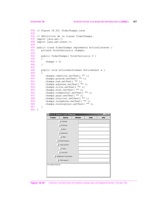 CHAPITRE 18 CONNECTIVITÉ AUX BASES DE DONNÉES JAVA (JDBC) 927
434 // Figure 18.30: ViderChamps.java
435
436 // Définition de la classe ViderChamps.
437 import java.awt.*;
438 import java.awt.event.*;
439
440 public class ViderChamps implements ActionListener {
441 private VoletParcourir champs;
442
443 public ViderChamps( VoletParcourir f )
444 {
445 champs = f;
446 }
447
448 public void actionPerformed( ActionEvent e )
449 {
450 champs.identite.setText( "" );
451 champs.prenom.setText( "" );
452 champs.nom.setText( "" );
453 champs.adresse.setText( "" );
454 champs.ville.setText( "" );
455 champs.etat.setText( "" );
456 champs.codepostal.setText( "" );
457 champs.pays.setText( "" );
458 champs.courriel.setText( "" );
459 champs.telephone.setText( "" );
460 champs.telecopieur.setText( "" );
461 }
462 }
Figure 18.30 Insérer, rechercher et mettre à jour des enregistrements. (16 de 16)
 