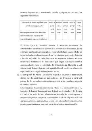 137
importe dispuesto en el mencionado artículo 4º, vigente en cada mes, los
siguientes porcentajes:
Detracción de la base imponible para
contribuciones patronales
Hasta el
31/12/
2018
Hasta el
31/12/
2019
Hasta el
31/12/
2020
Hasta el
31/12/
2021
Desde
el 1/1/
2022
Porcentaje aplicable sobre el importe
contemplado en el artículo 4º del
decreto 814/2001 vigente en cada mes
20% 40% 60% 80% 100%
El Poder Ejecutivo Nacional, cuando la situación económica de
determinado o determinados sectores de la economía así lo aconseje, podrá
establecer que la detracción se aplique en su totalidad con anterioridad a las
fechas indicadas en el cuadro precedente y/o establecer porcentajes distintos
a los allí indicados. En todos los casos, se requerirán informes técnicos
favorables y fundados de los ministerios que tengan jurisdicción sobre el
correspondiente ramo o actividad, del Ministerio de Hacienda y del
Ministerio de Trabajo, Empleo y de Seguridad Social, siendo este último por
cuyo conducto se impulsará la respectiva norma.
d) La derogación del Anexo I del decreto 814 del 20 de junio de 2001 tendrá
efectos para las contribuciones patronales que se devenguen a partir del
primer día del segundo mes inmediato siguiente al de entrada en vigencia
de esta ley, inclusive.
Sin perjuicio de ello, desde ese momento y hasta el 31 de diciembre de 2021,
inclusive, de la contribución patronal definida en el artículo 2º del decreto
814 del 20 de junio de 2001 efectivamente abonada, los contribuyentes y
responsables podrán computar, como crédito fiscal del Impuesto al Valor
Agregado, el monto que resulta de aplicar a las mismas bases imponibles los
puntos porcentuales que para cada supuesto se indican a continuación:
IF-2017-28051244-APN-MHA
página 139 de 219
 