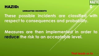 HAZID:
These possible incidents are classified with
respect to consequences and probability.
KAZTE
C
ENGINEERING
LTD
Measures are then implemented in order to
reduce the risk to an acceptable level.
UNWANTED INCIDENTS
That leads us to
 