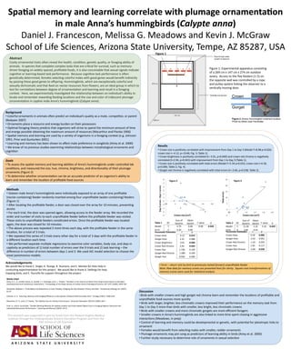 Spa$al memory and learning correlate with plumage ornamenta$on 
in male Anna’s hummingbirds (Calypte anna) 
Daniel J. Francescon, Melissa G. Meadows and Kevin J. McGraw 
School of Life Sciences, Arizona State University, Tempe, AZ 85287, USA 
Background 
• Colorful ornaments in animals oPen predict an individual’s quality as a mate, compeLtor, or parent 
(Badyaev 2007) 
• Ornaments place a resource and energy burden on their possessors 
• OpLmal foraging theory predicts that organisms will strive to spend the minimum amount of Lme 
and energy possible obtaining the maximum amount of resources (Macarthur and Pianka 1966) 
• SpaLal memory and learning are used by a variety of organisms in a foraging context (e.g. Johnson 
1991; Prior and Gunturken 2001) 
• Learning and memory has been shown to affect mate preference in songbirds (Airey et al. 2000) 
• We know of no previous studies examining relaLonships between morphological ornaments and 
cogniLon 
Goals 
• To assess the spaLal memory and learning abiliLes of Anna’s hummingbirds under controlled lab 
condiLons, and measured the size, hue, chroma, brightness, and direcLonality of their plumage 
ornaments (Figure 2) 
• To determine whether ornamentaLon can be an accurate predictor of an organism’s ability to 
learn and remember the locaLon of profitable food sources 
This research was supported in part by funds from the Howard Hughes Medical 
InsLtute through the Undergraduate Science EducaLon Program and from the 
ASU School of Life Sciences. 
Results 
• Crown size is posiLvely correlated with improvement from Day 1 to Day 3 (Model F=8.98 p=0.026; 
crown size t=‐4.12, p=.0146; Fig. 3; Table 1). 
• Crown brightness is posiLvely correlated (t=‐3.01, p=0.040) and crown red chroma is negaLvely 
correlated (t=2.94, p=0.043) with improvement from Day 1 to Day 3 (Table 1). 
• Crown size is posiLvely correlated with total errors (Model F=5.34 p=0.033; crown size t=4.18, 
p=0.006; Table 2; Fig. 4). 
• Gorget red chroma is negaLvely correlated with total errors (t=‐2.66, p=0.038; Table 2). 
25 
20 
15 
10 
5 
0 
Figure 4 
6 
5 
4 
3 
2 
1 
0 
‐1 
‐2 
‐3 
Figure 3 
Discussion 
• Birds with smaller crowns and high gorget red chroma learn and remember the locaLons of profitable and 
unprofitable food sources more quickly 
• Birds with larger, brighter, less chromaLc crowns improved their performance on the memory task from 
Day 1 to Day 3 more than birds with smaller, less bright, less chromaLc crowns 
• Birds with smaller crowns and more chromaLc gorgets are more efficient foragers 
• Smaller crowns in Anna’s hummingbirds are also linked to more Lme spent chasing in aggressive 
interacLons (Meadows, in prep) 
• Control of learning and memory could be developmental or geneLc, with potenLal for pleiotropic links to 
ornament 
• Females would benefit from selecLng males with smaller, redder ornaments 
• Plumage ornaments may join song as predictors of learning ability in birds (Airey et al. 2000) 
• Further study necessary to determine role of ornaments in sexual selecLon 
Acknowledgements 
We would like to thank C. Singer, K. Youngs, B. Youmans, and C. Montes for their help in 
conducLng experimentaLon for this project. We would like to thank D. Dellergo for help 
trapping birds, and E. Tourville for support throughout the project. 
Figure 1 
Abstract 
Costly ornamental traits oPen reveal the health, condiLon, geneLc quality, or foraging ability of 
animals. In species that complete complex tasks that are criLcal for survival, such as memory‐driven 
foraging on widely spaced, profitable foods, it is also conceivable that sexual signals indicate 
cogniLve or learning‐based task performance. Because cogniLve task performance is oPen 
geneLcally determined, females selecLng colorful males with good genes would benefit indirectly 
by passing these good genes to offspring. Hummingbirds, which are excepLonally colorful and 
sexually dichromaLc and that feed on nectar resources from flowers, are an ideal group in which to 
test for correlaLons between degree of ornamentaLon and learning‐and‐recall in a foraging 
context. Here, we experimentally invesLgated the relaLonship between an individual’s ability to 
locate and remember rewarding feeding locaLons and the size and color of iridescent plumage 
ornamentaLon in capLve male Anna’s hummingbirds (Calypte anna). 
Crown 
Gorget 
Figure 2: Anna’s Hummingbird ornament location. 
Photo by Maria Jose Fernandez 
R² = 0.639 
‐5 
0.8 1 1.2 1.4 1.6 1.8 
Total errors 
Crown size (cm2) 
R² = 0.243 
‐4 
0.8 1 1.2 1.4 1.6 1.8 
Day 3 errors ‐ Day 1 errors 
Crown size (cm2) 
• Error – return visit by bird to previously visited (known) unprofitable feeder 
Note: Raw data for memory scores are presented here for clarity. Square root transforma;ons of 
memory scores were used for sta;s;cal analysis. 
Works Cited 
Airey, D. C., H. CasLllo‐Juarez, G. Casella, T. J. DeVoogd, and E. J. Pollack. "VariaLon in the Volume of Zebra Finch Song Control Nuclei Is Heritable: 
Developmental and EvoluLonary ImplicaLons." Proceedings of the Royal Society of London Series B‐Biological Sciences 267.1457 (2000): 2099‐104 
Alexander, Badyaev V. "Evolvability and Robustness in Color Displays: Bridging the Gap between Theory and Data." EvoluLonary Biology 34. (2007): 
61‐67 
Johnson, R. A. "Learning, Memory and Foraging Efficiency in Two Species of Desert Seed‐harvester Ants." Ecology (1991): 1408‐1419 
Macarthur, R. H., and E. R. Pianka. "On OpLmal Use of a Patchy Environment." American Naturalist 100.916 (1966): 603‐+ 
Prior, H., and O. Gunturken. "Parallel Working Memory for SpaLal LocaLon and Food‐related Object Cues in Foraging Pigeons: Binocular and 
Lateralized Monocular Performance." Learning and Memory (2001): 44‐51 
Figure 1: Experimental apparatus consisLng 
of a 269 cm x 147 cm x 274 cm outdoor 
aviary. Access to the five feeders (1‐5) on 
the opposite wall was controlled by a rope 
and pulley system linking the observer to a 
verLcally moving door. 
Methods 
• Sixteen male Anna’s hummingbirds were individually exposed to an array of one profitable 
(nectar‐containing) feeder randomly inserted among four unprofitable (water‐containing) feeders 
(Figure 1) 
• APer locaLng the profitable feeder, a door was closed over the array for 10 minutes, prevenLng 
access 
• For each trial, the door was opened again, allowing access to the feeder array. We recorded the 
order and number of visits to each unprofitable feeder before the profitable feeder was visited. 
These visits to unprofitable feeders consLtuted errors. Once the profitable feeder was located 
again, the door was closed for 10 minutes. 
• The above process was repeated 2 more Lmes each day, with the profitable feeder in the same 
locaLon, for a total of 3 trials. 
• We repeated this series of 3 trials every other day for a total of 3 days with the profitable feeder in 
a different locaLon each Lme. 
• We performed separate mulLple regressions to examine color variables, body size, and days in 
capLvity as predictors of 1) total number of errors over the 9 trials and 2) task learning – the 
difference in number of errors between days 1 and 3. We used AIC model selecLon to choose the 
most parsimonius models. 
Table 2 DF 
Sum of 
Squares 
Mean 
Square F value p 
Model 5 11.58 2.32 5.34 0.033 
Error 6 2.60 0.43 
Table 1 DF 
Sum of 
Squares 
Mean 
Square F value p 
Model 7 4.79 0.68 8.98 0.026 
Error 4 0.30 0.08 
Parameter Es$mates t p 
Crown Area 4.18 0.006 
Gorget Area ‐2.42 0.052 
Crown Red Chroma ‐1.42 0.204 
Crown Hue 1.83 0.117 
Gorget Red Chroma ‐2.66 0.038 
Parameter Es$mates t p 
Crown Area ‐4.12 0.015 
Gorget Area 2.25 0.088 
Crown Brightness ‐3.01 0.040 
Crown Red Chroma 2.94 0.043 
Crown Hue 1.730 0.159 
Gorget Red Chroma ‐1.060 0.349 
Gorget Hue 0.930 0.406 
