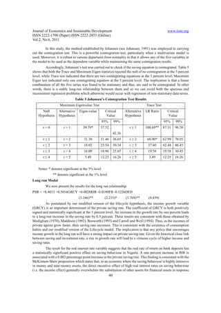 Journal of Economics and Sustainable Development                                                    www.iiste.org
ISSN 2222-1700 (Paper) ISSN 2222-2855 (Online)
Vol.2, No.6, 2011

         In this study, the method established by Johansen (see Johansen, 1991) was employed in carrying
out the cointegration test. This is a powerful cointegration test, particularly when a multivariate model is
used. Moreover, it is robust to various departures from normality in that it allows any of the five variables in
the model to be used as the dependent variable while maintaining the same cointegration results.
         Accordingly, Johansen’s test was carried out to check if the saving equation is cointegrated. Table 5
shows that both the Trace and Maximum Eigen statistics rejected the null of no cointegration at the 5 percent
level; while Trace test indicated that there are two cointegrating equations at the 5 percent level; Maximum
Eigen test indicated only one cointegrating equation at the 5 percent level. The implication is that a linear
combination of all the five series was found to be stationary and thus, are said to be cointegrated. In other
words, there is a stable long-run relationship between them and so we can avoid both the spurious and
inconsistent regression problems which otherwise would occur with regression of non-stationary data series.
                               Table 5 Johansen’s Cointegration Test Results
                    Maximum Eigenvalue Test                                         Trace Test
      Null         Alternative    Eigen-value         Critical        Alternative   LR Ratio        Critical
    Hypothesis     Hypothesis                         Value           Hypothesis                    Value
                                                   95%        99%                                95%      99%
       r=0             r=1           39.79*       37.52                  r≥1        108.69**     87.31   96.58
                                                              42.36
       r≤1             r=2            31.30       31.46       36.65      r≥2         68.90*      62.99   70.05
       r≤2             r=3            18.02       25.54       30.34      r≥3         37.60       42.44   48.45
       r≤3             r=4            16.09       18.96       23.65      r≥4         19.58       19.58   30.45
       r≤4             r=5            3.49        12.25       16.26      r≥5          3.49       12.25   16.26


    Notes: * denotes significant at the 5% level
               ** denotes significant at the 1% level
Long run Model
         We now present the results for the long run relationship.
PSR = +0.4013 +0.5016GRCY +0.0028RIR -0.0190FB -0.1226DFD
                                  (3.346)**          (2.233)*         (3.769)**       (0.459)
         As postulated by our modified version of the lifecycle hypothesis, the income growth variable
(GRCY) is an important determinant of the private saving rate. The coefficient of GRCY is both positively
signed and statistically significant at the 1 percent level. An increase in the growth rate by one percent leads
to a long-run increase in the saving rate by 0.5 percent. These results are consistent with those obtained by
Modigliani (1970), Maddison (1992), Bosworth (1993) and Carroll and Weil (1994). Thus, as the incomes of
private agents grow faster, their saving rate increases. This is consistent with the existence of consumption
habits and our modified version of the Lifecycle model. The implication is that any policy that encourages
income growth in the long run will have a strong impact on private saving rate. Given the historical close link
between saving and investment rate, a rise in growth rate will lead to a virtuous cycle of higher income and
saving rates.
           The result for the real interest rate variable suggests that the real rate of return on bank deposits has
a statistically significant positive effect on saving behaviour in Nigeria. A one percent increase in RIR is
associated with a 0.003 percentage point increase in the private saving rate. This finding is consistent with the
McKinnon-Shaw proposition which states that, in an economy where the saving behaviour is highly intensive
in money and near-money assets, the direct incentive effect of high real interest rates on saving behaviour
(i.e. the income effect) generally overwhelms the substitution of other assets for financial assets in response
                                                         40
 