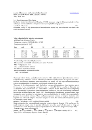 Journal of Economics and Sustainable Development                                              www.iiste.org
ISSN 2222-1700 (Paper) ISSN 2222-2855 (Online)
Vol.2, No.6, 2011

3.3.1 Supply Response of Rice Output
Firstly, the Vector Error Correction Modeling (VECM) procedure using the Johansen method involves
defining an unrestricted Vector Autoregression (VAR) using the following equation.
Zt=AtZt-1+…+AkZt-1+µ t                                                                            (15)
Likelihood Ratio (LR) tests were conducted with maximum of three lags due to the short time series. The
results are shown in table 4.




Table 4: Results for lag selection output model
 VAR Lag Order Selection Criteria
 Endogenous variables: OUTPUT AREA MP RP
 Exogenous variables: C RAIN

 Lag        LogL             LR                FPE               AIC               SC               HQ

0           -1208.968        NA                 6.64e+32             86.92626      87.30689*         87.04262
1           -1184.928        37.77692           3.84e+32             86.35198      87.49387          86.70107
2           -1174.563        13.32579           6.37e+32             86.75452      88.65766          87.33633
3           -1138.068         36.49514*         1.92e+32*             85.29058*    87.95499           86.10511*

 * indicates lag order selected by the criterion
 LR: sequential modified LR test statistic (each test at 5% level)
 FPE: Final prediction error
 AIC: Akaike information criterion
 SC: Schwarz information criterion
 HQ: Hannan-Quinn information criterion
 LogL: Log-likelihood


The results indicate that the Akaike Information Criterion (AIC) and the Hannan-Quin information criterion
(HQ) selected lag order three while the Scharz Bayesian Criterion (SBC) selected the lag order zero. Thus,
this study selects the lag order three as the order for the VAR models. The next step in the Johansen method
is to test for the number of co-integrating vectors among the series in the model.
The results for the cointegration test imply that both the trace test and the maximum eigen value test selects
the presence of one co-integrating vector, thus it can be concluded that the variables in the model are
co-integrated. The Johansen model is a form of Error Correction Model. When only one co-integrating
vector is established its parameters can be interpreted as estimates of long run co-integrating relationship
between the variables (Hallam and Zanoli, 1993). This implies that the estimated parameter values from
this equation when normalized on output are the long run elasticities for the model. Eviews automatically
produces the normalized estimates. These coefficients represent estimates of long-run elasticities with
respect to area cultivated, real price of rice and real price of maize. The normalized cointegration equation
for rice output is given below;
Output=0.216748area+0.241522rp-0.009975mp-12841.69                                                       (16)
Since cointegration has been established among the variables, then the dynamic ECM can be used for
supply response analysis since it provides information about the speed of adjustment to long run
equilibrium and avoids the spurious regression problem between the variables (Engle and Granger, 1987).
The ECM for rice output is presented as;
∆output = α0+         1i∆outputt-i +       2i∆areat-i +       3i∆rpt-I +    4i∆mpt-I + 5rain – θECt-I   (17)
Where θECt-I = α (β1outputt-I – β2areat-I – β3rpt-I – β4mpt-I)
                                                      8
 