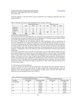 Journal of Economics and Sustainable Development                                                 www.iiste.org
ISSN 2222-1700 (Paper) ISSN 2222-2855 (Online)
Vol.2, No.6, 2011

inefficient industries, in the three districts, need to expand their size of holding to efficiently utilize their
resources (Table 3).


Table 3. Efficiency and returns to scale distribution of rose cut flower industries
                                    Technical Efficiency                         Returns to Scale
                             CRS            CRS             SE            IRS           CRS         DRS
    Industries
    Efficient                  8             16              8
    Inefficient               20             12             20
    Total                     28             28             28             19             8          1
    Mean                     0.58           0.92           0.61
Source: Own (Authors) calculation
The mean SE was 0.61 This result imply that , the average size of the greenhouse rose cut flower industries
in the study areas is far from the optimal scale and an additional 39 % productivity gain could be feasible,
provided they adjusted their farm’s operation to an optimal scale.
The causes of inefficiency for the industries could be either inappropriate scale or misallocation of
resources. Inappropriate scale suggests that industries are not taking advantage of economies of scale in
rose cut flower production process. While, misallocation of resource refers to inefficient input combination.
As shown in Table 3, the mean SE and TE (VRS) score were 0.61 and 0.92, respectively. This relatively
low scale efficiency mean value indicates the main cause of technical inefficiency, for the rose cut flowers
industries, is inappropriate scale (scale inefficiency) rather than misallocation of resources (pure technical
inefficiency).
In this study, input slacks are also estimated. The input slacks, using the VRS technical efficiency measure
(pure technical efficiency), indicate excess use of that input(s) relative to other peer farms. The mean slack
values for land, labour, water, nitrate, sulphate and acid fertilizers and rose plant seedling inputs are 0.76
hectares, 478 workers,1,810 m3,1.3 kg,1.76 kg,0.22 kg and 130041 stems, respectively. Among fertilizers,
smallest mean input slack value is obtained for acids followed by nitrates. The reason is that, acid fertilizers
are used to clean the drip pipes and less frequently applied than the two fertilizers. The rose cut flower
industries can reduce costs, incurred on inputs, by the amount of slacks without reducing production level
of rose cut flower stems.

3.4. Determinants of Technical Efficiency
In order to examine the effect of relevant technological, farm specific and socio-economic factors on
technical efficiency of rose cut flower farms, the input oriented VRS technical efficiency scores are
regressed on the selected explanatory and farm specific variables using a two-limit Tobit model since
efficiency scores are bounded between 0 and 1 (Table 4).



 Table 4. Determinants of technical efficiency in rose cut flowers production
                       The log likelihood estimates                     The Robust standard estimates
  Variables                 Parameters             Efficiency effect          Parameters         Efficiency effect
  Constant( )                   b0                       -0.976                   b0                  -0.976
                                                        (0.667)                                       (0.258)
                                b1                      -0.020                    b1                  -0.020
                                                        (0.023)                                       (0.016)
                                b8                      -0.004                    b8                  -0.004
                                                        (0.012)                                       (0.009)
                                b9                        0.259                   b9                   0.259
                                                        (0.101)                                       (0.093)

                                                       85
 