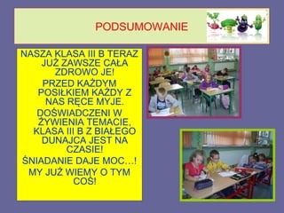 PODSUMOWANIE

NASZA KLASA III B TERAZ
    JUŻ ZAWSZE CAŁA
      ZDROWO JE!
    PRZED KAŻDYM
   POSIŁKIEM KAŻDY Z
     NAS RĘCE MYJE.
   DOŚWIADCZENI W
   ŻYWIENIA TEMACIE,
  KLASA III B Z BIAŁEGO
    DUNAJCA JEST NA
         CZASIE!
ŚNIADANIE DAJE MOC…!
 MY JUŻ WIEMY O TYM
           COŚ!
 