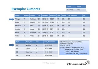 Exemplo: Cursores
Pnome Minicial Unome Cpf DataNasc Endereço Sexo Salario Cpf_supervisor Dnr
Thiago T Rcthiago 00 12-02-83 SQSW M 10k 02 01
Flavia F Flavials 01 11-12-84 SQSW F 10k 02 01
Mauricio M Mau 02 11-08-70 SQS M 12k 03 01
Aroldo A Arold 03 11-05-65 SQN M 15k - 01
Karla K Karlinha 04 25-08-79 SQS F 11k 05 02
Victor V Victor 05 29-09-78 SQS M 13k - 02
Prof. Thiago Cavalcanti
Pnome Unome
Mauricio Mau
Fcpf Nome_dep Sexo Data_Nascimento
00 Vinicius M 10-02-2010
02 Daniel M 20-02-2008
02 Mauricio M 15-09-2011
03 Maria F 20-08-1998
SELECT F.Pnome, F.Unome FROM
FUNCIONARIO AS F
WHERE EXISTS
(SELECT * FROM DEPENDENTE AS D
WHERE F.CPF = D.CPF AND
F.SEXO = D.SEXO AND
F.PNOME = D.NOME_DEPENDETE)
 