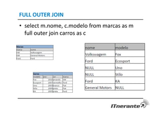 FULL OUTER JOIN
• select m.nome, c.modelo from marcas as m
full outer join carros as c
 
