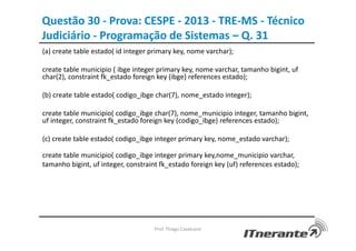 Questão 30 - Prova: CESPE - 2013 - TRE-MS - Técnico
Judiciário - Programação de Sistemas – Q. 31
Prof. Thiago Cavalcanti
(a) create table estado( id integer primary key, nome varchar);
create table municipio ( ibge integer primary key, nome varchar, tamanho bigint, uf
char(2), constraint fk_estado foreign key (ibge) references estado);
(b) create table estado( codigo_ibge char(7), nome_estado integer);
create table municipio( codigo_ibge char(7), nome_municipio integer, tamanho bigint,
uf integer, constraint fk_estado foreign key (codigo_ibge) references estado);
(c) create table estado( codigo_ibge integer primary key, nome_estado varchar);
create table municipio( codigo_ibge integer primary key,nome_municipio varchar,
tamanho bigint, uf integer, constraint fk_estado foreign key (uf) references estado);
 