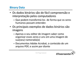 Binary Data
• Os dados binários são de fácil compreensão e
interpretação pelos computadores
– Que podem transformá-los de forma que os seres
humanos possam entender.
• Os principais exemplos de dados binários são
imagens
– Apenas o seu editor de imagem saber como
organizar esses zeros e uns em uma imagem de
sua(seu) namorada(o)
– Documentos Adobe Acrobat, o conteúdo de um
arquivo PDF, e assim por diante
Prof. Thiago Cavalcanti
 