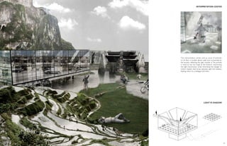 The interpretation center with an array of pinholes
on its floor is located above water and surrounded by
the terrace, reflecting the light outside in. The pinhole
is small at top but large at the bottom, maximizing
the light transmission while minimizing the danger to
visitors. Spatial ritual arises between light and shadow,
leading visitors to a dialogue with Kahn.
INTERPRETATION CENTER
LIGHT VS SHADOW
29
 
