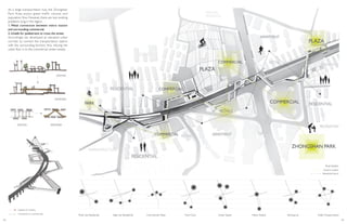 Multi-rise Residential High-rise Residential Commercial+Plaza Park+Gym Green Space Metro Station Parking Lot
Dual System
As a large transportation hub, the Zhongshan
Park Area enjoys great traffic volume and
population flow. However, there are two existing
problems lying in the region.
1. Weak connection between metro station
and surrounding commercial.
2. Unsafe for pedestrians to cross the street.
Accordingly, we developed an elevated urban
corridor to connect the transportation station
with the surrounding function, thus infusing the
urban flow in to the commercial center nearby.
Dynamic system
Residential layout
Express for Citizens
Connection to commercials
PublicTransportation
44 45
 