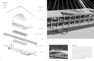 Web with holes
Concrete giant arch
Steel Ropes
RoofTerrace
Steel truss for load-bearing
Railway
Steel truss for connection
Metro Hall
The whole metro station is suspended by a giant arch
structure(approximate 100m long, 50m tall),with no
other support in order to completely set free the ground
floor urban space. We materialize this structure by using
hexagonal concrete arch, steel ropes and steel truss.
Regarding the metro station as a whole, we use steel topes
to suspend the whole station. Among the truss system,
the vertical ones are used to drag the bottom slab, which
serves as the station hall.Those triangle ones are to connect
the station hall with the railway platform.The truss system
itself provides unique spatial experience.
Arch &Truss
Exploded Axon
Metro
Pedestrians
Passengers
Tension
Compression
48 49
 