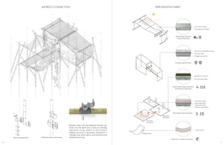 Bamboo poles with pre-attached brackets are
driven into the earth and a series of unfolding
operations bring stability to the primary
skeletal structure. A secondary framework is
unfolded onto which fabrics and hammocks are
stretched and hung.
BAMBOO CONNECTION PERFORMATIVE FABRIC
Softness and Strengh
10 11
 