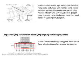 Pada lantai rumah ini juga menggunakan bahan
yang sama yaitu kayu ulin. Hampir sama proses
pemasangannya dengan pemasangan dinding,
yaitu lembaran kayu ulin yang disebut gelagar
yang ditempel pada alas berupa susuk dan balok
lantai yang saling dihubungkan.
Kaki dari rumah bubungan tinggi ini berasal dari
kayu ulin dan kayu galam sebagai pondasinya.
Badan
Bagian kaki yang berupa kolom-kolom yang langsung terhubung ke pondasi
 