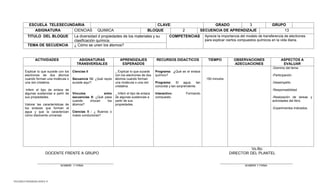 TELESECUNDARIAS ZONA 31 
ESCUELA TELESECUNDARIA 
CLAVE: 
GRADO 
3 
GRUPO 
ASIGNATURA 
CIENCIAS QUIMICA 
BLOQUE 
2 
SECUENCIA DE APRENDIZAJE 
13 
TITULO DEL BLOQUE 
La diversidad d propiedades de los materiales y su clasificación química. 
COMPETENCIAS 
Aprecie la importancia del modelo de transferencia de electrones para explicar ciertos compuestos químicos en la vida diaria. 
TEMA DE SECUENCIA 
¿ Cómo se unen los átomos? 
ACTIVIDADES 
ASIGNATURAS 
TRANSVERSALES 
APRENDIZAJES ESPERADOS 
RECURSOS DIDACTICOS 
TIEMPO 
OBSERVACIONES 
ADECUACIONES 
ASPECTOS A EVALUAR 
Explicar lo que sucede con los electrones de dos átomos cuando forman una molécula o una red cristalina. 
Inferir el tipo de enlace de algunas sustancias a partir de sus propiedades. 
Valorar las características de los enlaces que forman el agua y que la caracterizan como disolvente universal. 
Ciencias II 
Secuencia 12: ¿Qué rayos sucede aquí? 
Vínculos entre secuencias 9: ¿Qué pasa cuando chocan los átomos? 
Ciencias II : ¿ Buenos o malos conductores? 
_ Explicar lo que sucede con los electrones de dos átomos cuando forman una molécula o una red cristalina. 
_ Inferir el tipo de enlace de algunas sustancias a partir de sus propiedades. 
Programa: ¿Qué es el enlace químico? 
Programa: El agua; tan conocida y tan sorprendente. 
Interactivo: Formando compuesto. 
150 minutos 
-Dominio del tema 
-Participación 
-Desempeño 
-Responsabilidad 
-Realización de tareas y actividades del libro. 
-Experimentos indicados. 
Vo.Bo. 
DOCENTE FRENTE A GRUPO DIRECTOR DEL PLANTEL 
________________________________________ ______________________________________ 
NOMBRE Y FIRMA NOMBRE Y FIRMA 
 