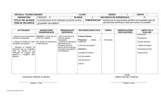TELESECUNDARIAS ZONA 31 
ESCUELA TELESECUNDARIA 
CLAVE: 
GRADO 
3 
GRUPO 
ASIGNATURA 
CIENCIAS III 
BLOQUE 
3 
SECUENCIA DE APRENDIZAJE 
16 
TITULO DEL BLOQUE 
La transformación de los materiales: la reacción química. 
COMPETENCIAS 
Aprecia que el conocimiento científico es inacabable para las aportaciones benéficas en bien del mundo y la sociedad. 
TEMA DE SECUENCIA 
¿Cuestión de enlace? 
ACTIVIDADES 
ASIGNATURAS 
TRANSVERSALES 
APRENDIZAJES ESPERADOS 
RECURSOS DIDACTICOS 
TIEMPO 
OBSERVACIONES 
ADECUACIONES 
ASPECTOS A EVALUAR 
_ Apreciar que el conocimiento científico es inacabable. 
_ Analizar el modelo de Lewis de algunos compuestos. 
_ Identificar la cantidad de electrones que se comparten entre los átomos de las moléculas de oxígeno (02) gaseoso y nitrógeno (N2) gaseoso. 
Ciencias II: ¿Para qué me sirven los modelos? 
Del modelo de partícula al modelo atómico. 
_Inferir la estructura de Lewis de algunos compuestos. 
_Identificar la cantidad de electrones que se comparten entre los átomos de las moléculas de oxígeno (02) gaseoso y (N2) gaseoso. 
Programa Edusat: 
Programas: ¿Redes o moléculas? 
¿Cómo son las grasas? 
Interactivo: 
¿Cuestión de enlace? 
Libro del maestro 
Libro del alumno 
Internet 
150 minutos 
-Desempeño 
-Participación 
-Dominio del tema 
-Trabajo en equipos 
-Actividades del libro 
-Experimentos 
Vo.Bo. 
DOCENTE FRENTE A GRUPO DIRECTOR DEL PLANTEL 
________________________________________ ______________________________________ 
NOMBRE Y FIRMA NOMBRE Y FIRMA 
 