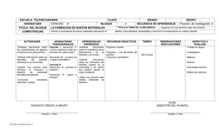 TELESECUNDARIAS ZONA 31 
ESCUELA TELESECUNDARIA 
CLAVE: 
GRADO 
GRUPO 
ASIGNATURA 
CIENCIAS III 
BLOQUE 
4 
SECUENCIA DE APRENDIZAJE 
Proyecto de investigación. 4 
TITULO DEL BLOQUE 
LA FORMACION DE NUEVOS MATERIALES 
TITULO O TEMA DE LA SECUENCIA 
Hagamos con los desechos algo de provecho. 
COMPETENCIAS 
Valorar la importancia de buscar materiales alternativos al 
plástico para satisfacer necesidades y disminuir la contaminación en nuestro planeta. 
ACTIVIDADES 
ASIGNATURAS 
TRANSVERSALES 
APRENDIZAJES ESPERADOS 
RECURSOS DIDACTICOS 
TIEMPO 
OBSERVACIONES 
ADECUACIONES 
ASPECTOS A EVALUAR 
-Sintetizar información sobre las características de algunos productos de la petroquímica 
-Obtener información sobre los derivados del petroleo utilizando en la comunidad. 
-Diseñar una solución para disminuir el consumo y desecho de materiales derivados del petróleo. 
-Comunicar resultados obtenidos evaluar. 
Ciencias I secuencia 5: ¿Cómo podemos cuidar los recursos de nuestro país? 
Secuencia 23: ¿la tierra es un gran invernadero? 
Ciencias III 
Secuencia 14: ¿cambia la materia? 
Secuencia 19: ¿Agrio o amargo? 
-sintetizar información sobre la importancia de la petroquímica en la industria y en la vida. 
-Obtener información sobre los derivados del petróleo usados en la comunidad y los daños que pueden causar al medio ambiente. 
-Hallar una solución para realizar materiales de desecho. 
Programa: edusat 
Programa : Los derivados del petróleo 
¿Solución o problema? 
250 minutos 
-Trabajo en equipo 
-Investigación 
-Bitácora 
-Internet 
-Actividades del libro 
-Batería de reactivos 
Vo.Bo. 
DOCENTE FRENTE A GRUPO DIRECTOR DEL PLANTEL 
________________________________________ ______________________________________ 
NOMBRE Y FIRMA NOMBRE Y FIRMA 
 