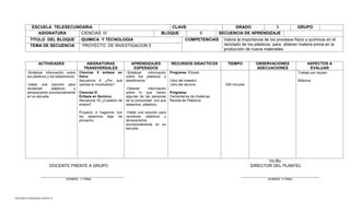 TELESECUNDARIAS ZONA 31 
ESCUELA TELESECUNDARIA 
CLAVE: 
GRADO 
3 
GRUPO 
ASIGNATURA 
CIENCIAS III 
BLOQUE 
5 
SECUENCIA DE APRENDIZAJE 
TITULO DEL BLOQUE 
QUIMICA Y TECNOLOGIA 
COMPETENCIAS 
Valora la importancia de los procesos físico y químicos en el reciclado de los plásticos para obtener materia prima en la producción de nueva materiales. 
TEMA DE SECUENCIA 
PROYECTO DE INVESTIGACION 5 
ACTIVIDADES 
ASIGNATURAS 
TRANSVERSALES 
APRENDIZAJES ESPERADOS 
RECURSOS DIDACTICOS 
TIEMPO 
OBSERVACIONES 
ADECUACIONES 
ASPECTOS A EVALUAR 
-Sintetizar información sobre los plásticos y los elastómeros 
-Hallar una solución para recolectar plásticos y almacenarlos provisionalmente en su escuela. 
Ciencias II énfasis en física 
Secuencia 6 ¿Por qué cambia el movimiento? 
Ciencias III 
Énfasis en Química 
Secuencia 16 ¿Cuestión de enlace? 
Proyecto 4 hagamos con los desechos algo de provecho. 
-Sintetizar información sobre los plásticos y elastómeros 
-Obtener información sobre lo que hacen algunas de las personas de la comunidad con sus desechos plásticos. 
-Hallar una solución para recolectar plásticos y almacenarlos provisionalmente en su escuela. 
Programa: Edusat. 
Libro del maestro 
Libro del alumno 
Programa: 
Cementerios de chatarras 
Recicla de Plásticos 
205 minutos 
Trabajo por equipo 
Bitácora 
Vo.Bo. 
DOCENTE FRENTE A GRUPO DIRECTOR DEL PLANTEL 
________________________________________ ______________________________________ 
NOMBRE Y FIRMA NOMBRE Y FIRMA 
 