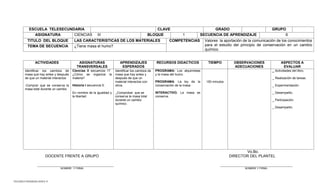 TELESECUNDARIAS ZONA 31 
ESCUELA TELESECUNDARIA 
CLAVE 
GRADO 
GRUPO 
ASIGNATURA 
CIENCIAS III 
BLOQUE 
1 
SECUENCIA DE APRENDIZAJE 
6 
TITULO DEL BLOQUE 
LAS CARACTERISTICAS DE LOS MATERIALES 
COMPETENCIAS 
Valores la aportación de la comunicación de los conocimientos para el estudio del principio de conservación en un cambio químico. 
TEMA DE SECUENCIA 
¿Tiene masa el humo? 
ACTIVIDADES 
ASIGNATURAS 
TRANSVERSALES 
APRENDIZAJES ESPERADOS 
RECURSOS DIDACTICOS 
TIEMPO 
OBSERVACIONES 
ADECUACIONES 
ASPECTOS A EVALUAR 
Identificar los cambios de masa que hay antes y después de que un material interactúe 
-Comprar que se conserva la masa total durante un cambio 
Ciencias II secuencia: 17 
¿Cómo se organiza la materia? 
Historia I secuencia 5: 
En nombre de la igualdad y la libertad. 
Identificar los cambios de masa que hay antes y después de que un material interactúe con otros. 
_Comprobar que se conserva la masa total durante un cambio químico. 
PROGRAMA: Los alquimistas y la masa del humo. 
PROGRAMA. La ley de la conservación de la masa. 
INTERACTIVO. La masa se conserva. 
150 minutos 
_ Actividades del libro. 
_ Realización de tareas. 
_ Experimentación. 
_ Desempeño. 
_ Participación. 
_ Desempeño. 
Vo.Bo. 
DOCENTE FRENTE A GRUPO DIRECTOR DEL PLANTEL 
________________________________________ ______________________________________ 
NOMBRE Y FIRMA NOMBRE Y FIRMA 
 