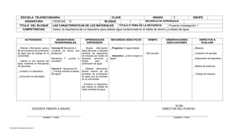 TELESECUNDARIAS ZONA 31 
ESCUELA TELESECUNDARIA 
CLAVE 
GRADO 
3 
GRUPO 
ASIGNATURA 
CIENCIAS III 
BLOQUE 
1 
SECUENCIA DE APRENDIZAJE 
TITULO DEL BLOQUE 
LAS CARACTERISTICAS DE LOS MATERIALES 
TITULO O TEMA DE LA SECUENCIA 
Proyecto investigación 1 
COMPETENCIAS: 
Valora la importancia de un dispositivo para realizar agua contaminada en el hábito de ahorro y cuidado del agua. 
ACTIVIDADES 
ASIGNATURAS 
TRANSVERSALES 
APRENDIZAJES ESPERADOS 
RECURSOS DIDACTICOS 
TIEMPO 
OBSERVACIONES 
ADECUACIONES 
ASPECTOS A EVALUAR 
_ Obtener información acerca de los procesos de purificación de agua que se emplea en la comunidad. 
_ Valorar el uso racional del agua, mediante el intercambio de opiniones. 
_ Construir un dispositivo. 
_ comunicar los resultados. 
Ciencias III Secuencia 3: 
¿Cuándo es tóxica una sustancia? 
Secuencia 7: ¿Juntos o revueltos? 
Ciencia II Secuencia 20: 
¿ Porqué cambia el estado del agua? 
. 
_ Buscar información sobre técnicas o métodos sencillos de separación de mezclas por medio de procesos químicos y físicos, para la purificación de agua. 
_ Obtener información directa acerca de los procesos de purificación de agua que se emplean en su comunidad. 
_ Construir un dispositivo que mejore la calidad de cierta cantidad de agua. 
_ Programa: El agua tratada. 
_ Interactivo: ¿Cómo limpiar el agua? 
250 minutos 
_ Bitácora. 
_ Cuaderno de apuntes 
_ Elaboración de dispositivo 
_ Batería de reactivos. 
_ Trabajo por equipos. 
Vo.Bo. 
DOCENTE FRENTE A GRUPO DIRECTOR DEL PLANTEL 
________________________________________ ______________________________________ 
NOMBRE Y FIRMA NOMBRE Y FIRMA 
 