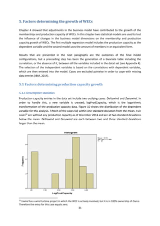 31
5. Factors determining the growth of WECs
Chapter 4 showed that adjustments in the business model have contributed to the growth of the
memberships and production capacity of WECs. In this chapter two statistical models are used to test
the influence of changes in the business model dimensions on the membership and production
capacity growth of WECs. The first multiple regression model includes the production capacity as the
dependent variable and the second model uses the amount of members in an equivalent form.
Results that are presented in the next paragraphs are the outcomes of the final model
configurations, but a preceeding step has been the generation of a bivariate table including the
correlation, or the absence of it, between all the variables included in the datat set (see Appendix 4).
The selection of the independent variables is based on the correlations with dependent variables,
which are then entered into the model. Cases are excluded pairwise in order to cope with missing
data entries (IBM, 2014).
5.1 Factors determining production capacity growth
5.1.1 Descriptive statistics
Production capacity entries in the data set include two outlying cases: Deltawind and Zeeuwind. In
order to handle this, a new variable is created; logProdCapacity, which is the logarithmic
transformation of the production capacity data. Figure 10 shows the distribution of the dependent
variable for this analysis. Fifteen of the cases fall within one standard deviation from the mean. Five
cases22
are without any production capacity as of December 2014 and are at two standard deviations
below the mean. Deltawind and Zeeuwind are each between two and three standard deviations
larger than the mean.
22
Uwind has a wind turbine project in which the WEC is actively involved, but it is in 100% ownership of Eneco.
Therefore the entry for this case equals zero.
 