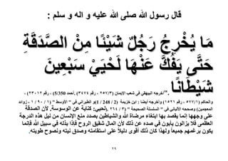 ‫قال رسول هللا صلى هللا علٌه و اله و سلم :‬

‫ٓخ ٣ُوَؽ ٍؿَ ٗ٤جخ ٖٓ حُٜيهَش‬
‫َ ْ ِ ُ َ ُ ٌ َْ ِ ْ‬
‫َّ َ‬
‫ِ‬
‫كظَّ٠ ٣َلُي ػٜ٘خ َُل٤َ٢ ٓزؼ٤ٖ‬
‫َّ َ ْ َ ْ ْ َ ْ ِ َ‬
‫َ‬
‫ٗ٤طَخٗخ‬
‫َْ‬
‫."أهَؿٚ حُز٤ٜو٢ ك٠ ٗؼذ ح٩٣ٔخٕ (ٖ/3ٕ٘ ، ٍهْ ٗ3ٖٗ) .أكٔي 053/5( ، ٍهْ ٕٖٕٔٓ) ،‬

‫ٝحُلخًْ (ٔ/33٘ ، ٍهْ ٕٔ٘ٔ) ٝأهَؿٚ أ٣٠خ : حرٖ هِ٣ٔش )2 / 842 / 1(ٝ حُطزَحٗ٢ ك٢ " ح٧ٝٓ٢ " (ٔ / ٓ9 / ٔ - ُٝحثي‬
‫حُٔؼـٔ٤ٖ) ٝٛللٚ ح٧ُزخٗ٢ ك٢ " حُِِٔٔش حُٜل٤لش " (ٖ / ٕٗٙ .)ُل٤٢: ً٘خ٣ش ػٖ حُٞٓٞٓش. ٧ٕ حُٜيهش‬

‫ّ‬
‫ػِ٠ ٝؿٜٜخ اٗٔخ ٣وٜي رٜخ حرظـخء َٟٓخس هللا ٝحُ٘٤خ١٤ٖ رٜيى ٓ٘غ ح٩ٗٔخٕ ٖٓ ٗ٤َ ٌٛٙ حُيٍؿش‬
‫ّ‬
‫حُؼظٔ٠ ك٬ ٣ِحُٕٞ ٣ؤرٕٞ ك٢ ٛيٙ ػٖ ًُي ٧ٕ حُٔخٍ ٗو٤ن حَُٝف كبًح رٌُٚ ك٢ ٓز٤َ هللا كبٗٔخ‬
‫٣ٌٕٞ رَؿْٜٔ ؿٔ٤ؼخ ٌُٜٝح ًخٕ ًُي أهٟٞ ىُ٤٬ ػِ٠ حٓظوخٓظٚ ٝٛيم ٗ٤ظٚ ٜٝٗٞف ١ٞ٣ظٚ.‬
‫9ٕ‬

 
