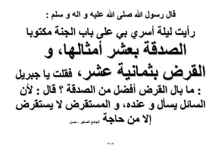 ‫قال رسول هللا صلى هللا علٌه و اله و سلم :‬

‫ٍأ٣ض ُ٤ِش أَٓ١ ر٢ ػِ٠ رخد حُـ٘ش ٌٓظٞرخ‬

‫حُٜيهش رؼَ٘ أٓؼخُٜخ، ٝ‬
‫حُوَٝ رؼٔخٗ٤ش ػَ٘، كوِض ٣خ ؿزَ٣َ‬
‫: ٓخ رخٍ حُوَٝ أك٠َ ٖٓ حُٜيهش ؟ هخٍ : ٧ٕ‬
‫حُٔخثَ ٣ٔؤٍ ٝ ػ٘يٙ، ٝ حُٔٔظوَٝ ٫ ٣ٔظوَٝ‬
‫ا٫ ٖٓ كخؿش‬
‫حُـخٓغ حُٜـ٤َ - كٖٔ‬

‫ٖٖٔ‬

 