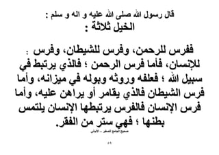 ‫قال رسول هللا صلى هللا علٌه و اله و سلم :‬

‫حُو٤َ ػ٬ػش :‬
‫كلَّ َُِكٖٔ، ٝكَّ ُِ٘٤طخٕ، ٝكَّ‬
‫ُ٪ٗٔخٕ، كؤٓخ كَّ حَُكٖٔ ؛ كخٌُ١ ٣َطز٢ ك٢‬
‫ٓز٤َ هللا ؛ كؼِلٚ ٍٝٝػٚ ٝرُٞٚ ك٢ ٓ٤ِحٗٚ، ٝأٓخ‬
‫كَّ حُ٘٤طخٕ كخٌُ١ ٣وخَٓ أٝ ٣َحٖٛ ػِ٤ٚ، ٝأٓخ‬
‫كَّ ح٩ٗٔخٕ كخُلَّ ٣َطزطٜخ ح٩ٗٔخٕ ٣ِظْٔ‬
‫رطٜ٘خ ؛ كٜ٢ ٓظَ ٖٓ حُلوَ.‬
‫:‬

‫ٛل٤ق حُـخٓغ حُٜـ٤َ – ح٫ُزخٗ٢‬

‫9٘‬

 