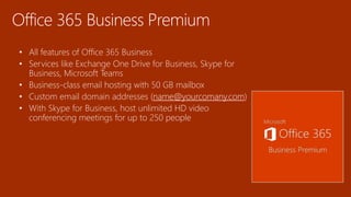 Office 365 Business Premium
• All features of Office 365 Business
• Services like Exchange One Drive for Business, Skype for
Business, Microsoft Teams
• Business-class email hosting with 50 GB mailbox
• Custom email domain addresses (name@yourcomany.com)
• With Skype for Business, host unlimited HD video
conferencing meetings for up to 250 people
 