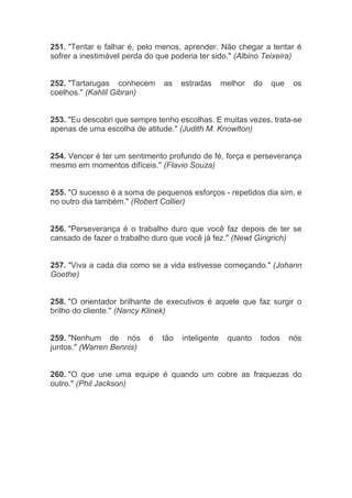 251. "Tentar e falhar é, pelo menos, aprender. Não chegar a tentar é
sofrer a inestimável perda do que poderia ter sido." (Albino Teixeira)
252. "Tartarugas conhecem as estradas melhor do que os
coelhos." (Kahlil Gibran)
253. "Eu descobri que sempre tenho escolhas. E muitas vezes, trata-se
apenas de uma escolha de atitude." (Judith M. Knowlton)
254. Vencer é ter um sentimento profundo de fé, força e perseverança
mesmo em momentos difíceis." (Flavio Souza)
255. "O sucesso é a soma de pequenos esforços - repetidos dia sim, e
no outro dia também." (Robert Collier)
256. "Perseverança é o trabalho duro que você faz depois de ter se
cansado de fazer o trabalho duro que você já fez." (Newt Gingrich)
257. "Viva a cada dia como se a vida estivesse começando." (Johann
Goethe)
258. "O orientador brilhante de executivos é aquele que faz surgir o
brilho do cliente." (Nancy Klinek)
259. "Nenhum de nós é tão inteligente quanto todos nós
juntos." (Warren Bennis)
260. "O que une uma equipe é quando um cobre as fraquezas do
outro." (Phil Jackson)
 