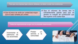 Para que una empresa logre obtener utilidades, se deben cumplir dos condiciones:
 Que el precio de venta por unidad sea mayor
que el costo variable por unidad.
 Que el volumen de ventas sea lo
suficientemente grande para que se
genere un margen de contribución que
sea superior a los costos fijos.
Todas las organizaciones surgen con un propósito determinado:
Incrementar el
patrimonio de
sus accionistas
Prestar un
servicio a la
comunidad
 