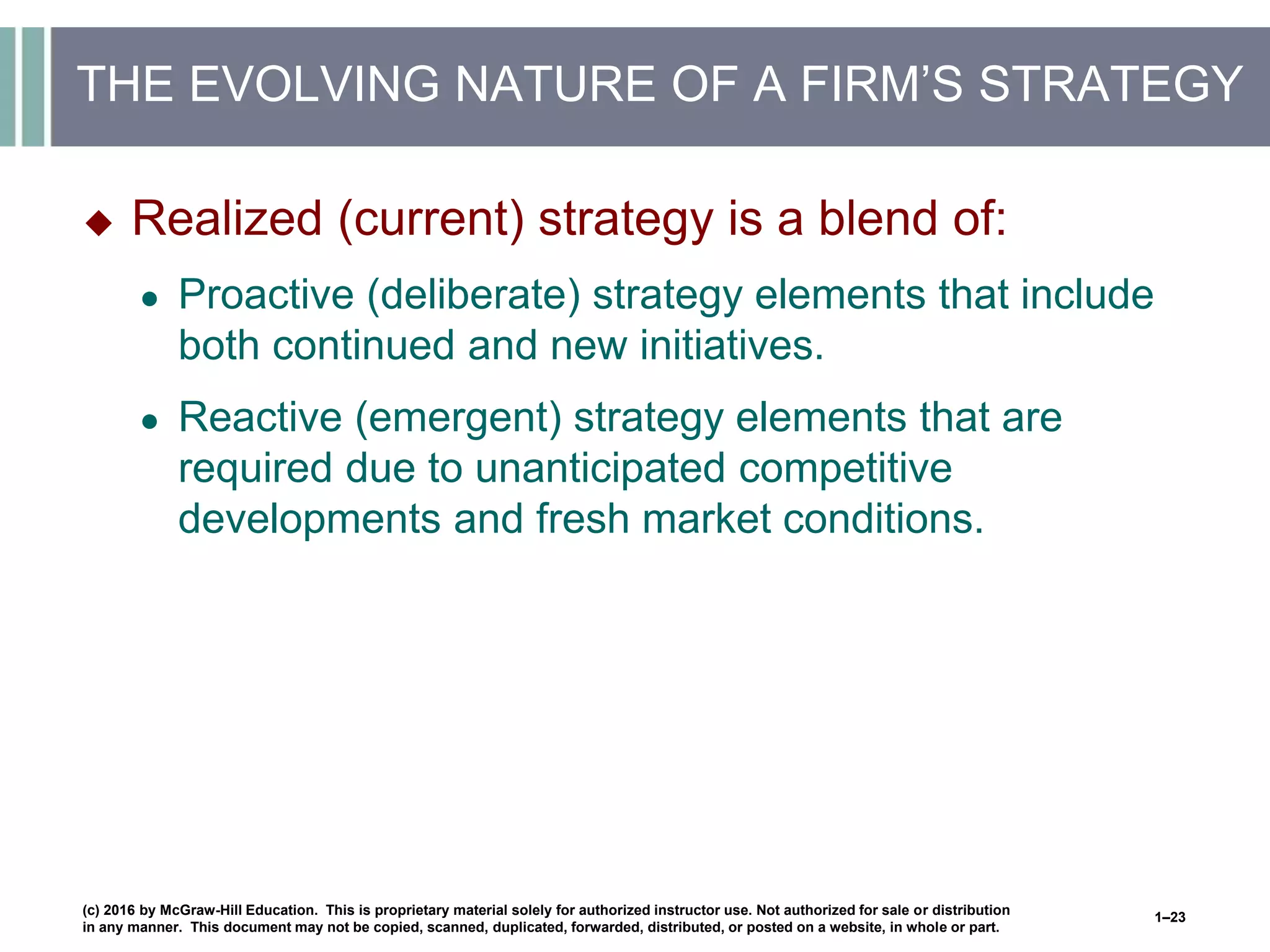 THE EVOLVING NATURE OF A FIRM’S STRATEGY
 Realized (current) strategy is a blend of:
● Proactive (deliberate) strategy elements that include
both continued and new initiatives.
● Reactive (emergent) strategy elements that are
required due to unanticipated competitive
developments and fresh market conditions.
(c) 2016 by McGraw-Hill Education. This is proprietary material solely for authorized instructor use. Not authorized for sale or distribution
in any manner. This document may not be copied, scanned, duplicated, forwarded, distributed, or posted on a website, in whole or part.
1–23
 