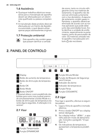 1.6 Assistência
• Quaisquer trabalhos eléctricos neces-
sários para a manutenção do aparelho
devem ser efectuados por um electri-
cista qualificado ou pessoa competen-
te.
• A manutenção deste produto deve ser
efectuada por um Centro de Assistên-
cia autorizado, o qual deverá utilizar
apenas peças sobressalentes originais.
1.7 Protecção ambiental
Este aparelho não contém gases
que possam danificar a camada
de ozono, tanto no circuito refri-
gerante como nos materiais de
isolamento. O aparelho não de-
verá ser eliminado juntamente
com o lixo doméstico. A espuma
de isolamento contém gases in-
flamáveis: o aparelho deverá ser
eliminado de acordo com as nor-
mas aplicáveis que pode obter
junto das autoridades locais. Evi-
te danificar a unidade de arrefe-
cimento, especialmente na parte
traseira, perto do permutador de
calor. Os materiais utilizado nes-
te aparelho marcados pelo sím-
bolo são recicláveis.
2. PAINEL DE CONTROLO
56 4 3 2
1
1 Display
2 Botão de aumento da temperatura
3 Botão de diminuição da temperatu-
ra
4 Botão OK
5 Botão Mode
6 Botão ON/OFF
É possível alterar o som predefinido dos
botões para outro mais audível premin-
do simultaneamente o botão Mode e o
botão de diminuição da temperatura du-
rante alguns segundos. A alteração é re-
versível.
2.1 Visor
78
5 64321
1 Função Temporizador
2 Função DYNAMICAIR
3 Função Minute Minder
4 Função de Bloqueio de Segurança
para Crianças
5 Indicador de alarme
6 Indicador de temperatura
7 Função Férias
8 Função COOLMATIC
2.2 Ligar
Para ligar o aparelho, efectue os seguin-
tes passos:
1. Ligue a ficha do aparelho à tomada
eléctrica.
2. Prima o botão ON/OFF se o display
estiver desligado.
3. Se o display indicar "dEMo" , o apa-
relho está em modo de demonstra-
ção. Consulte o parágrafo "O que
fazer se...".
4. Os indicadores de temperatura
apresentam a temperatura predefi-
nida.
24 www.aeg.com
 