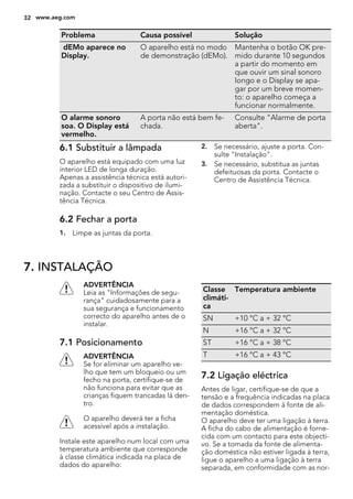 Problema Causa possível Solução
dEMo aparece no
Display.
O aparelho está no modo
de demonstração (dEMo).
Mantenha o botão OK pre-
mido durante 10 segundos
a partir do momento em
que ouvir um sinal sonoro
longo e o Display se apa-
gar por um breve momen-
to: o aparelho começa a
funcionar normalmente.
O alarme sonoro
soa. O Display está
vermelho.
A porta não está bem fe-
chada.
Consulte "Alarme de porta
aberta".
6.1 Substituir a lâmpada
O aparelho está equipado com uma luz
interior LED de longa duração.
Apenas a assistência técnica está autori-
zada a substituir o dispositivo de ilumi-
nação. Contacte o seu Centro de Assis-
tência Técnica.
6.2 Fechar a porta
1. Limpe as juntas da porta.
2. Se necessário, ajuste a porta. Con-
sulte "Instalação".
3. Se necessário, substitua as juntas
defeituosas da porta. Contacte o
Centro de Assistência Técnica.
7. INSTALAÇÃO
ADVERTÊNCIA
Leia as "Informações de segu-
rança" cuidadosamente para a
sua segurança e funcionamento
correcto do aparelho antes de o
instalar.
7.1 Posicionamento
ADVERTÊNCIA
Se for eliminar um aparelho ve-
lho que tem um bloqueio ou um
fecho na porta, certifique-se de
não funciona para evitar que as
crianças fiquem trancadas lá den-
tro.
O aparelho deverá ter a ficha
acessível após a instalação.
Instale este aparelho num local com uma
temperatura ambiente que corresponde
à classe climática indicada na placa de
dados do aparelho:
Classe
climáti-
ca
Temperatura ambiente
SN +10 °C a + 32 °C
N +16 °C a + 32 °C
ST +16 °C a + 38 °C
T +16 °C a + 43 °C
7.2 Ligação eléctrica
Antes de ligar, certifique-se de que a
tensão e a frequência indicadas na placa
de dados correspondem à fonte de ali-
mentação doméstica.
O aparelho deve ter uma ligação à terra.
A ficha do cabo de alimentação é forne-
cida com um contacto para este objecti-
vo. Se a tomada da fonte de alimenta-
ção doméstica não estiver ligada à terra,
ligue o aparelho a uma ligação à terra
separada, em conformidade com as nor-
32 www.aeg.com
 
