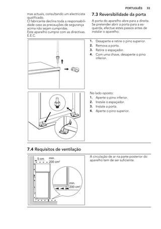 mas actuais, consultando um electricista
qualificado.
O fabricante declina toda a responsabili-
dade caso as precauções de segurança
acima não sejam cumpridas.
Este aparelho cumpre com as directivas.
E.E.C.
7.3 Reversibilidade da porta
A porta do aparelho abre para a direita.
Se pretender abrir a porta para a es-
querda, efectue estes passos antes de
instalar o aparelho:
1. Desaperte e retire o pino superior.
2. Remova a porta.
3. Retire o espaçador.
4. Com uma chave, desaperte o pino
inferior.
No lado oposto:
1. Aperte o pino inferior.
2. Instale o espaçador.
3. Instale a porta.
4. Aperte o pino superior.
7.4 Requisitos de ventilação
5 cm min.
200 cm2
min.
200 cm2
A circulação de ar na parte posterior do
aparelho tem de ser suficiente.
PORTUGUÊS 33
 